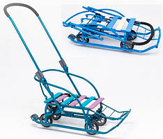 Дитячі санки Мандрівник на коліщатках (висувні трансформер) з ручкою штовхачем складані Мрія Патріот