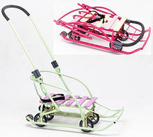 Дитячі санки Мандрівник на коліщатках (висувні трансформер) з ручкою штовхачем складані Мрія Патріот