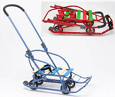Дитячі санки Мандрівник на коліщатках (висувні трансформер) з ручкою штовхачем складані Мрія Патріот