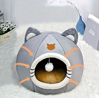 Лежанка будиночок для домашніх тварин кругла трансформер 2 в 1 Будиночок для кішок собак Сірий М