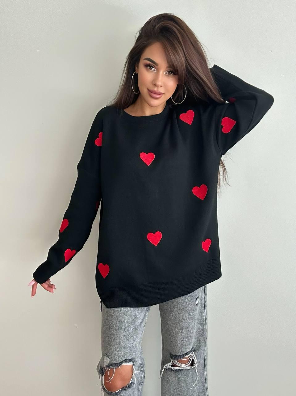 В'язаний светр жіночий оверсайз із принтом серце вовняне (р. 42-46) 9sv3402, фото 1
