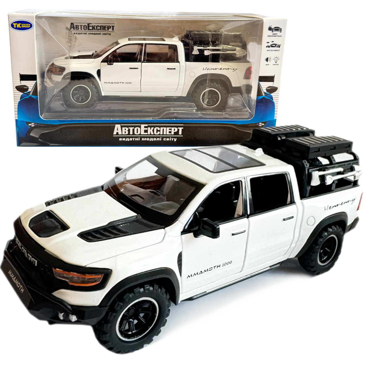 Машинка металева Dodge RAM 1000 TRX Mammoth Пікап 1:32 Додж білий звук світло інерція відкр двері багажник капот 17*7*6,5см, фото 1