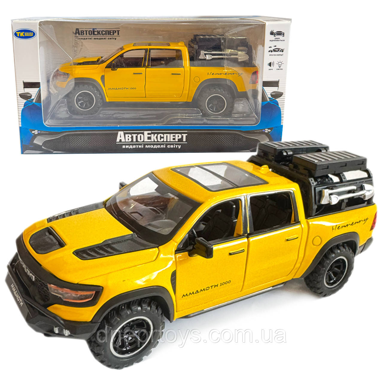 Машинка металева Dodge RAM 1000 TRX Mammoth Пікап 1:32 Додж жовтий звук світло інерція відкр двері багажник капот 17*7*6,5см, фото 1