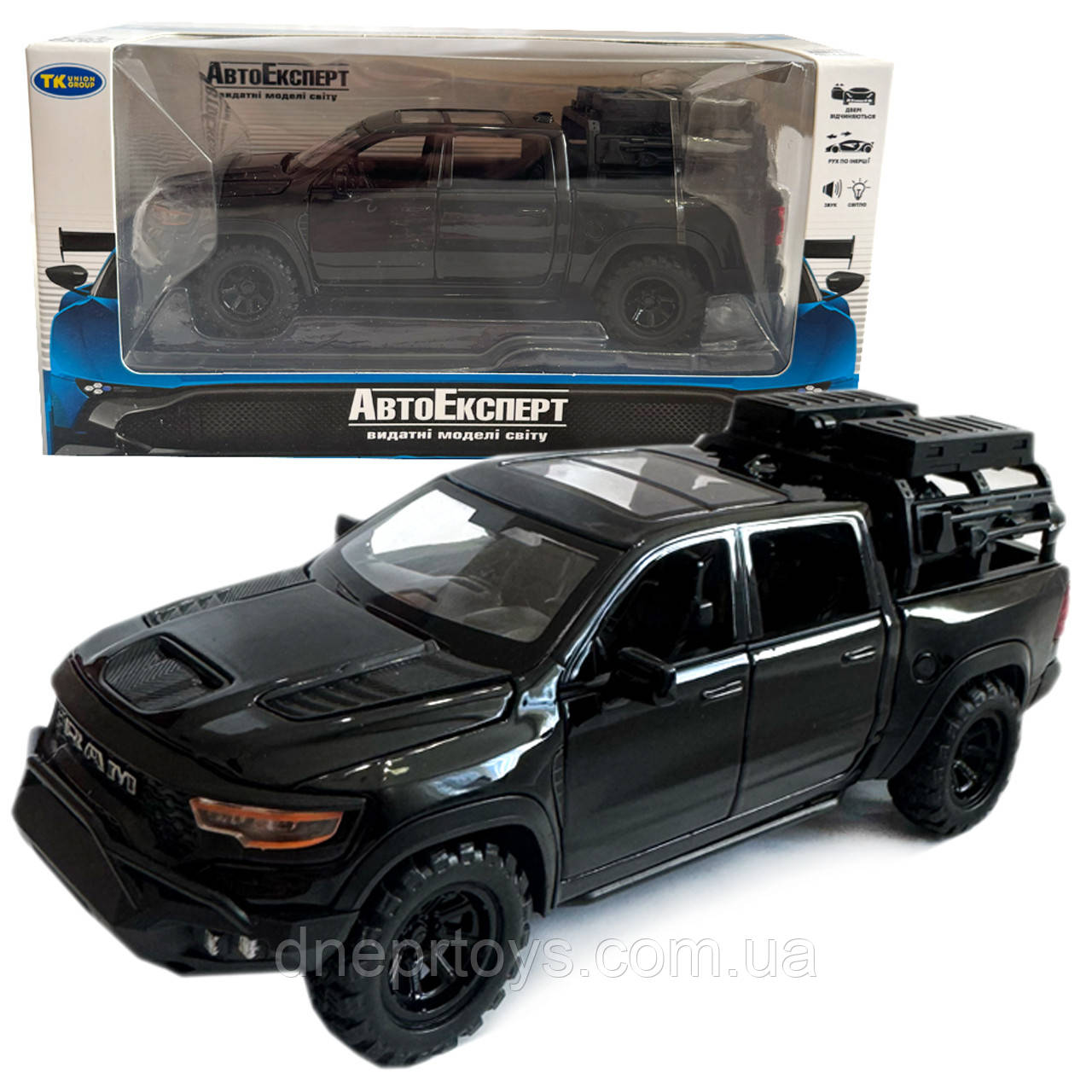 Машинка металева Dodge RAM 1000 TRX Mammoth Пікап 1:32 Додж чорний звук світло інерція відкр двері багажник капот 17*7*6,5см, фото 1