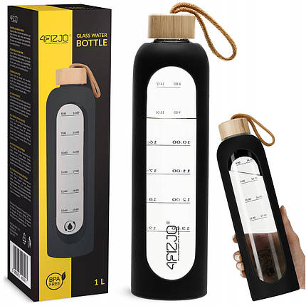 Пляшка для води спортивна 4FIZJO 1000 мл скляна Black (P-5905973403917), фото 1