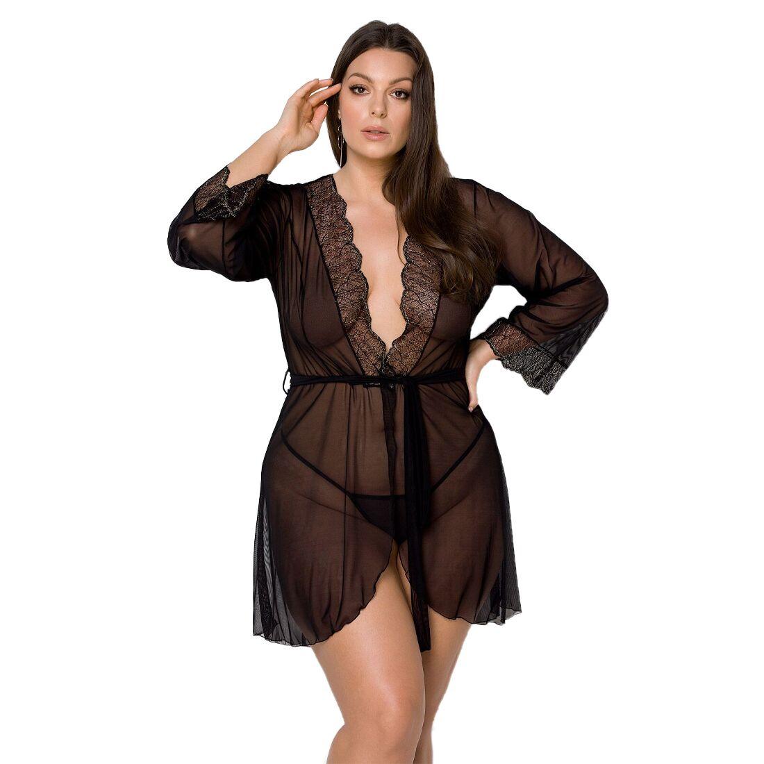 Пеньюар Passion AMBERLY PEIGNOIR 6XL/7XL, black, ажурні декольте та манжети, широкі рукави, фото 1