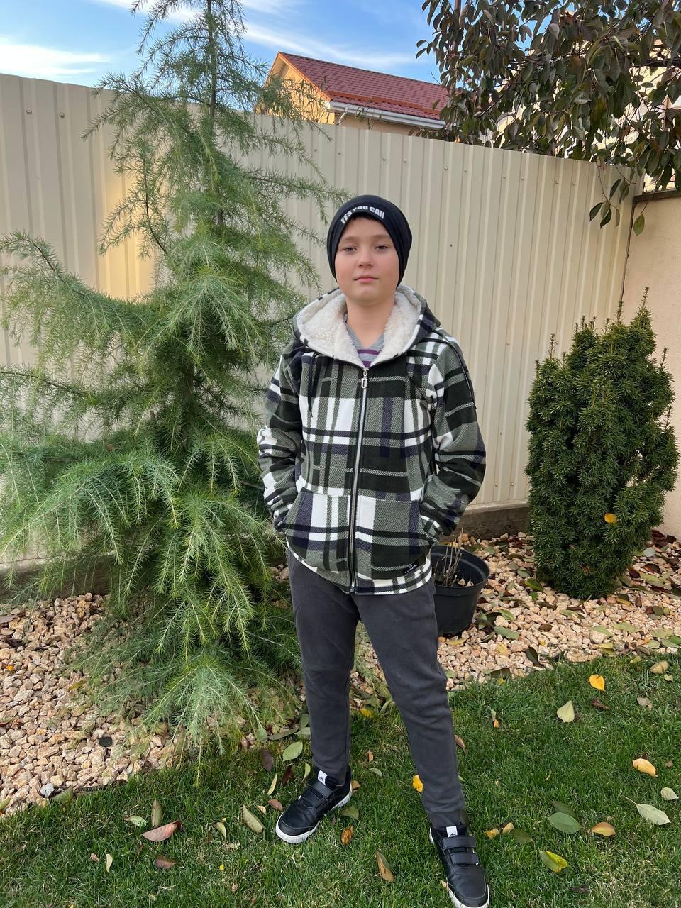 Підліткова тепла флісова кофта-куртка в клітинку з підкладом овчини, фото 1