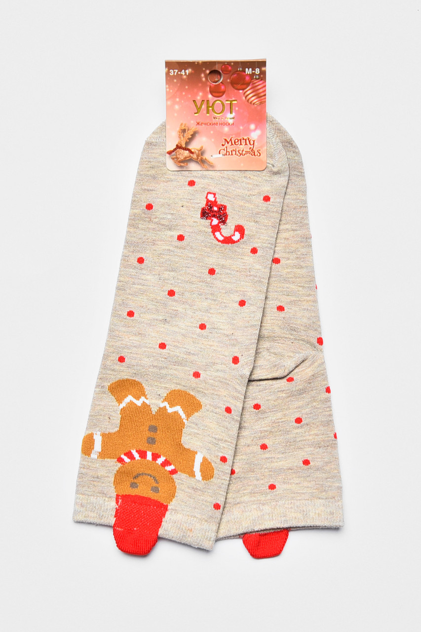 Шкарпетки жіночі з новорічним принтом бежевого кольору р.37-41 190970S, фото 1