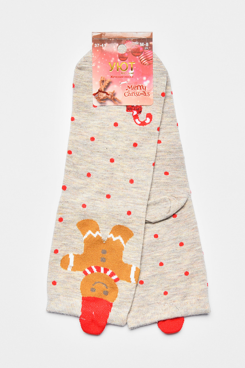 Шкарпетки жіночі з новорічним принтом бежевого кольору р.37-41 190975S, фото 1
