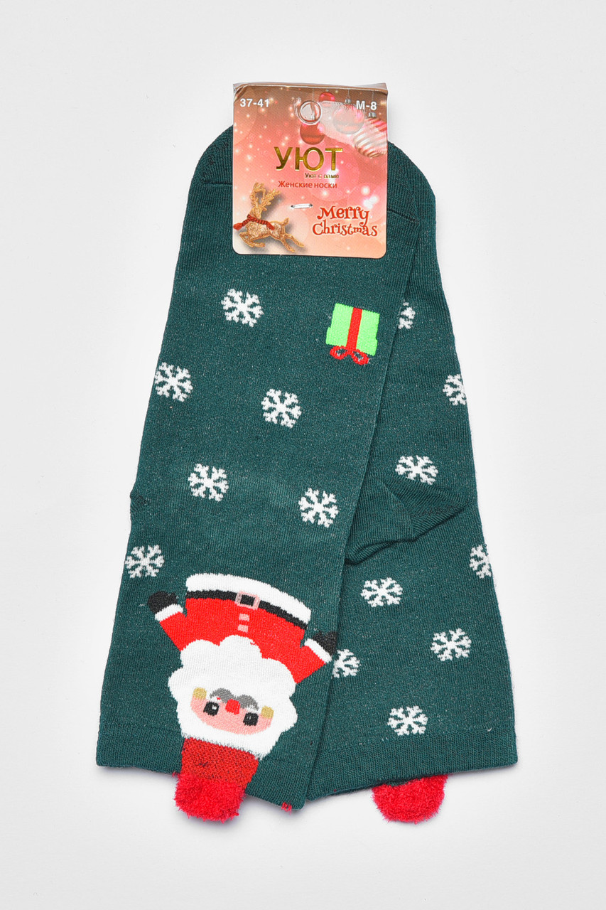 Шкарпетки жіночі з новорічним принтом зеленого кольору р.37-41 190976S, фото 1
