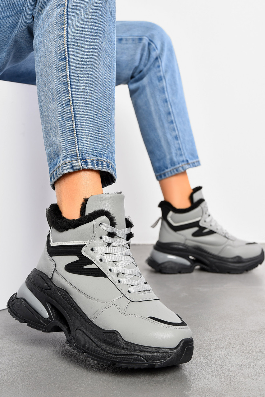Кросівки жіночі зимові сірого кольору на шнурівці 194078T Безкоштовна доставка, фото 1