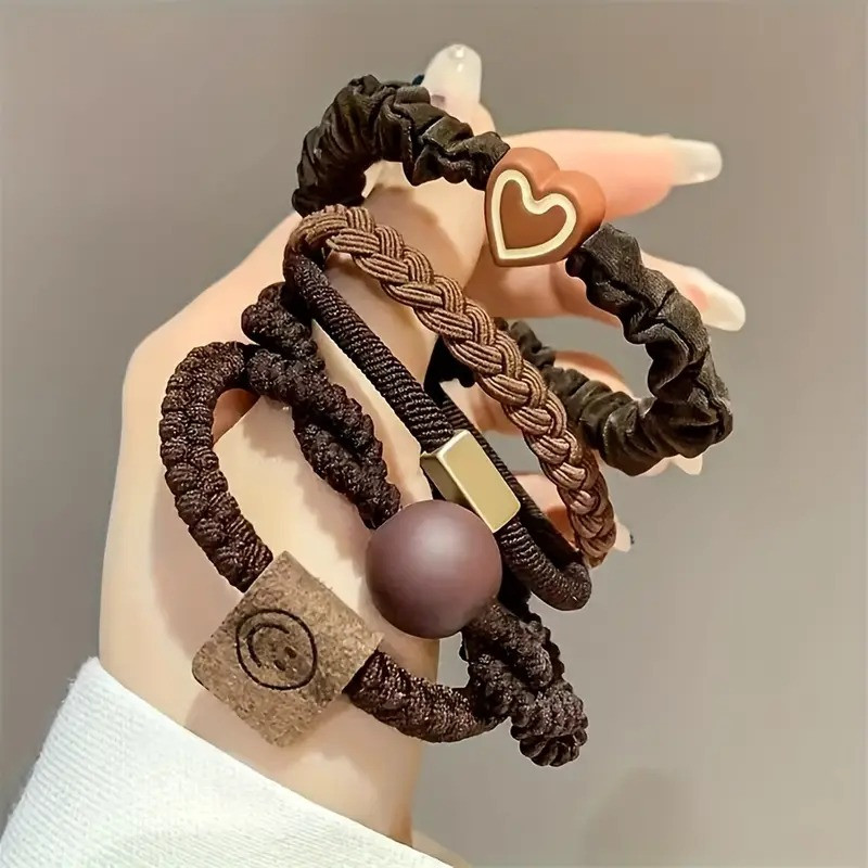 Набір із 5 гумок для волосся з в'язаними кульками та серцями, еластичні аксесуари для хвоста, фото 1