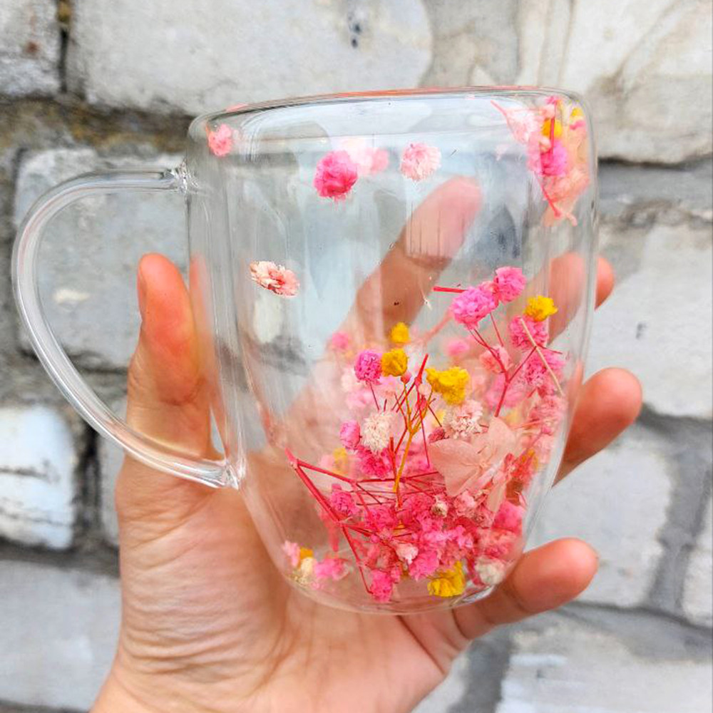 Скляна чашка з подвійним дном "Dry flowers", 300мл, Рожевий, фото 1