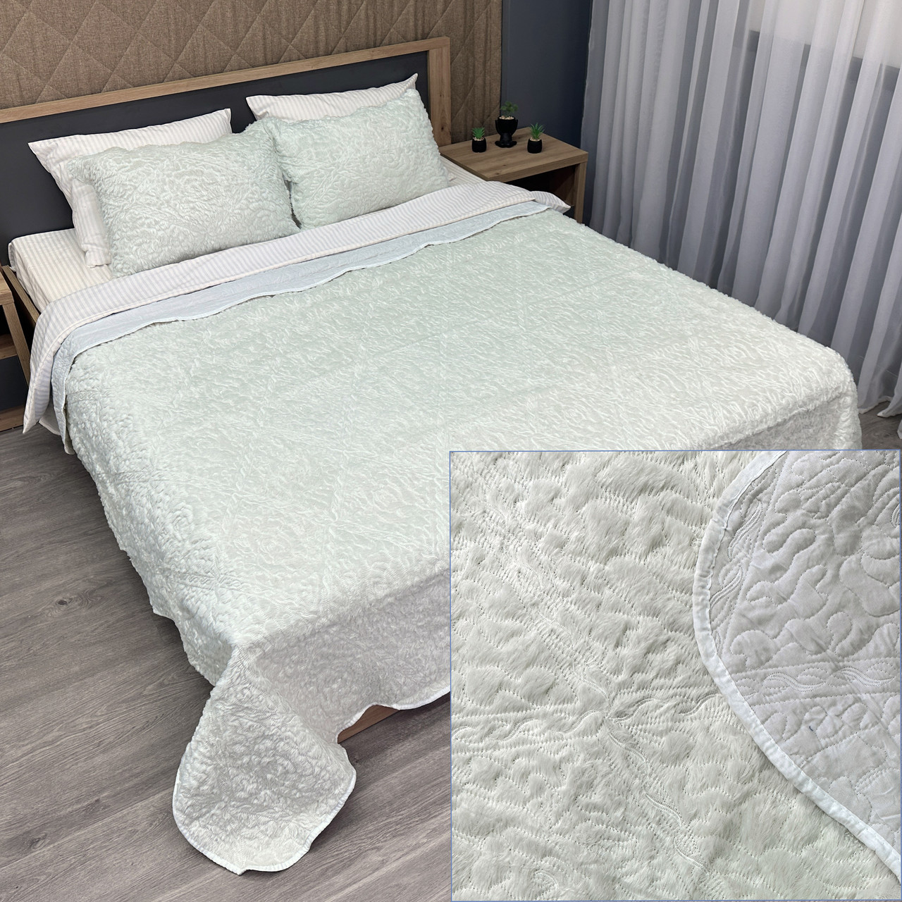 Покривало двостороннє з хутром 210x230 (+-10 см) і 2 наволочки колір молочний (85-152), фото 1
