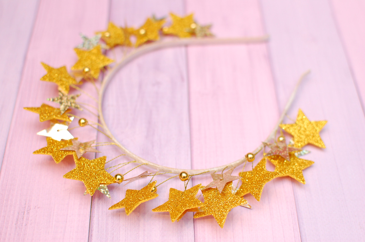 Обруч для волосся/ Ободок для волосся новорічний зірочки золоті 800, фото 1