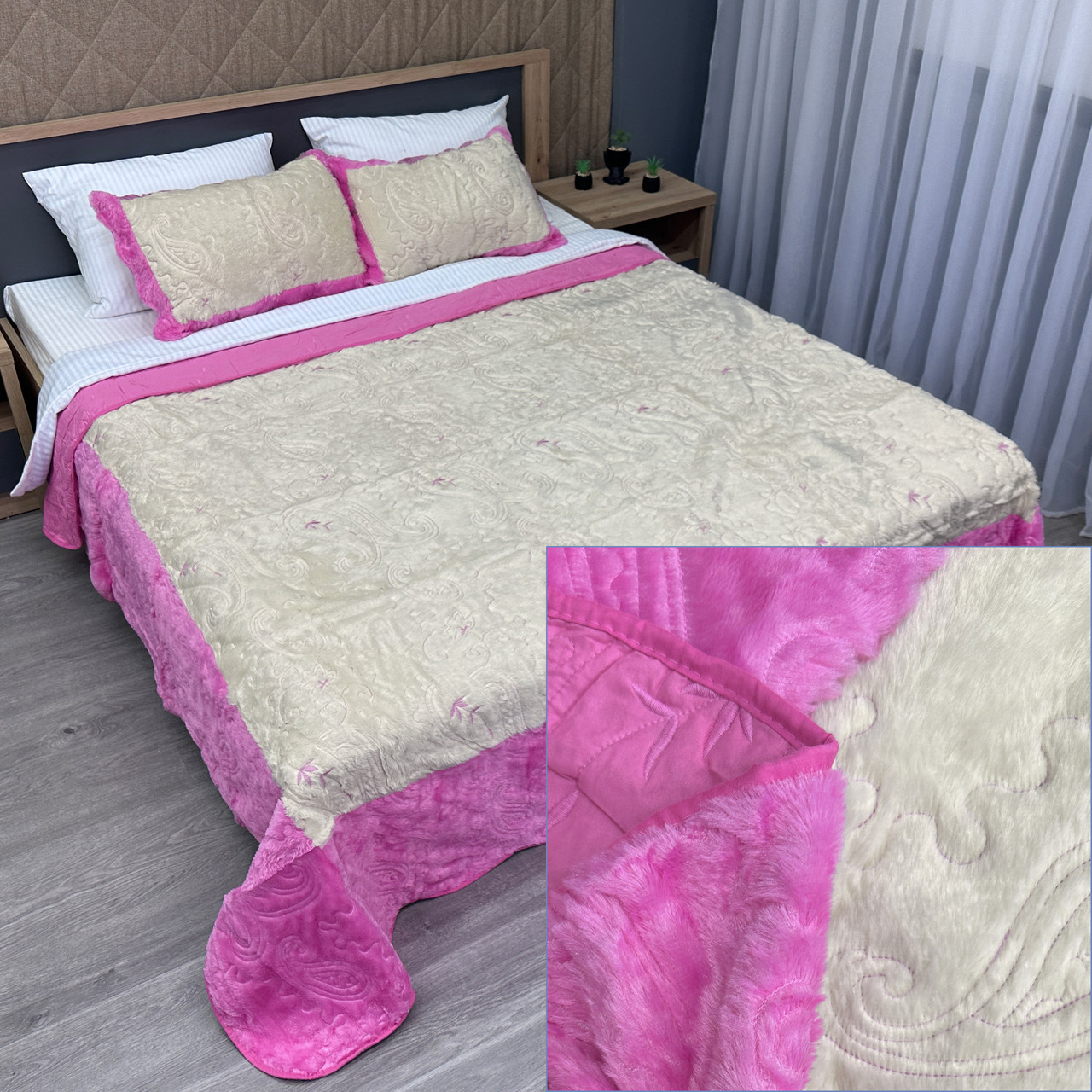 Покривало двостороннє з хутром 210x230 (+-10 см) і 2 наволочки колір рожевий з молочним (85-153), фото 1