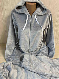 Тепла жіноча махрова піжама сіра однотонна Барсик, домашній костюм, розмір 40-56