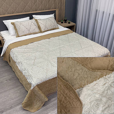 Покривало двостороннє з хутром 210x230 (+-10 см) і 2 наволочки колір кавовий з молочним (85-154)