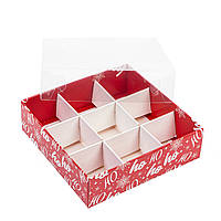 Коробка 120х120х35 (на 9 цукерок) з прозорою кришкою "HO-HO-HO"