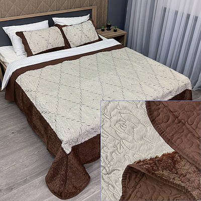 Покривало двостороннє з хутром 210x230 (+-10 см) і 2 наволочки колір коричневий з молочним (85-155)