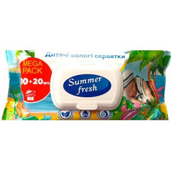 Серветки вологі для дітей Summer Fresh без спирту Mega Pack №120 з клапаном / Дитячі серветки