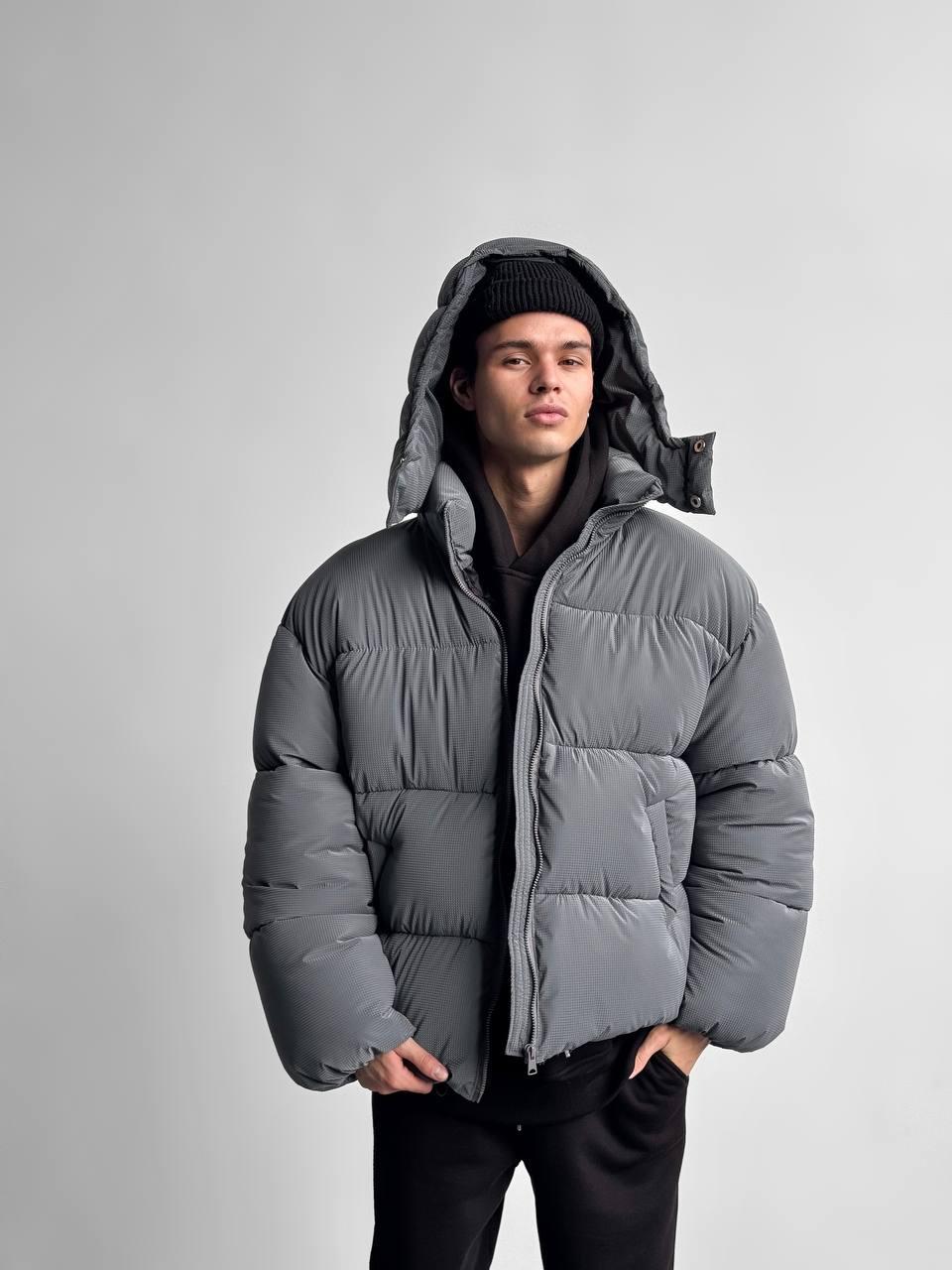 Чоловіча зимова куртка оверсайз сіра до -25*С Blaid Пуховик зимовий з капюшоном клітинка, фото 1