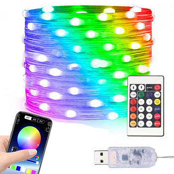 Розумна гірлянда-стрічка 10 м від USB + пульт, Роса / Світлодіодна RGB стрічка з керуванням телефоном