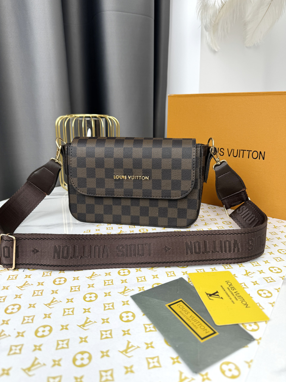 Сумка Louis Vuitton крос-боді коричневий картатий через плече Луї Вітон, фото 1