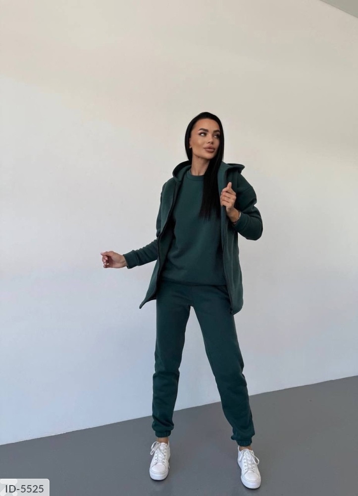 Прогулянковий костюм-трійка жіночий спортивний теплий із начосом світшот, штани, подовжена жилетка арт 109