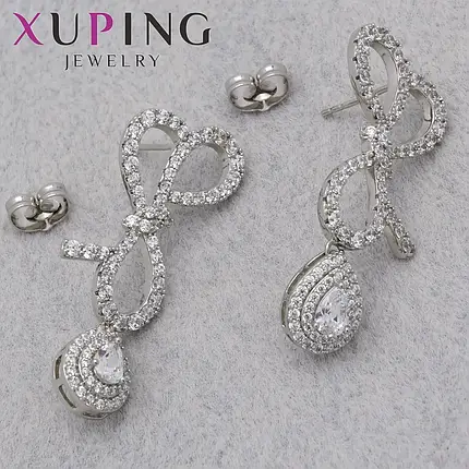 Серьги женские позолота фирма Xuping Jewelry родий застёжка гвоздик с хрустальными камнями размер 40х15 мм, фото 1