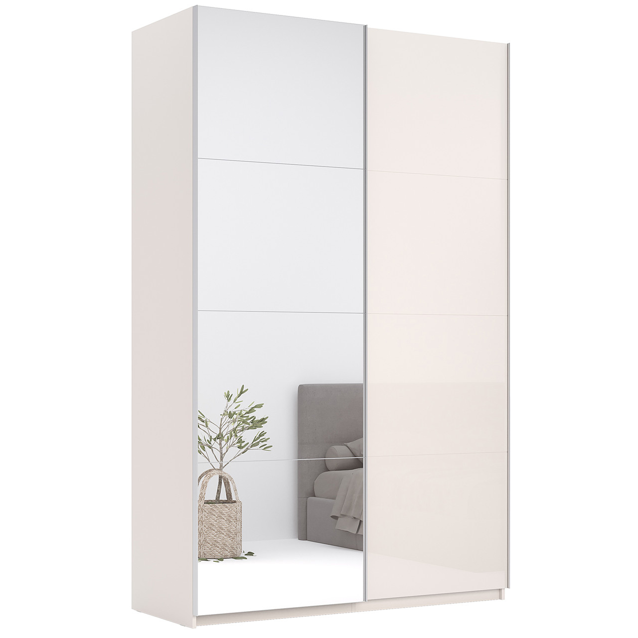 Стильна дводверна шафа купе з дзеркалом 150 см бежева глянцева для одягу в спальню ДСП Лілу Миро-Марк