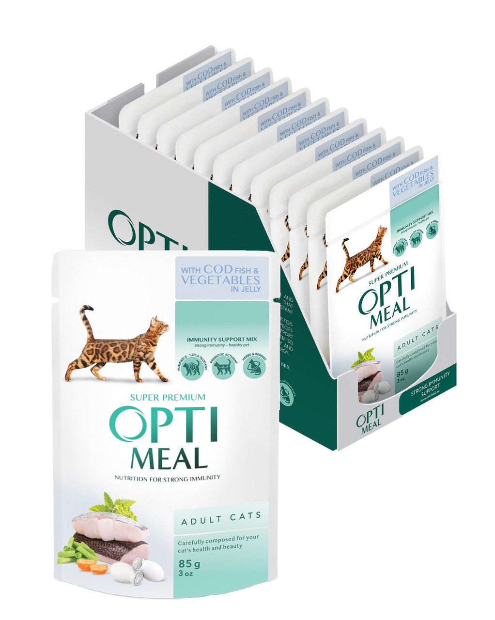 Вологий корм для дорослих котів Оптіміл Optimeal з тріскою та овочами в желе (блок 12 шт x 85 г)