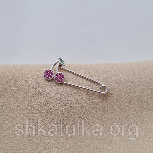 Шпилька срібна вишеньки з рожевими та зеленими фіанітами