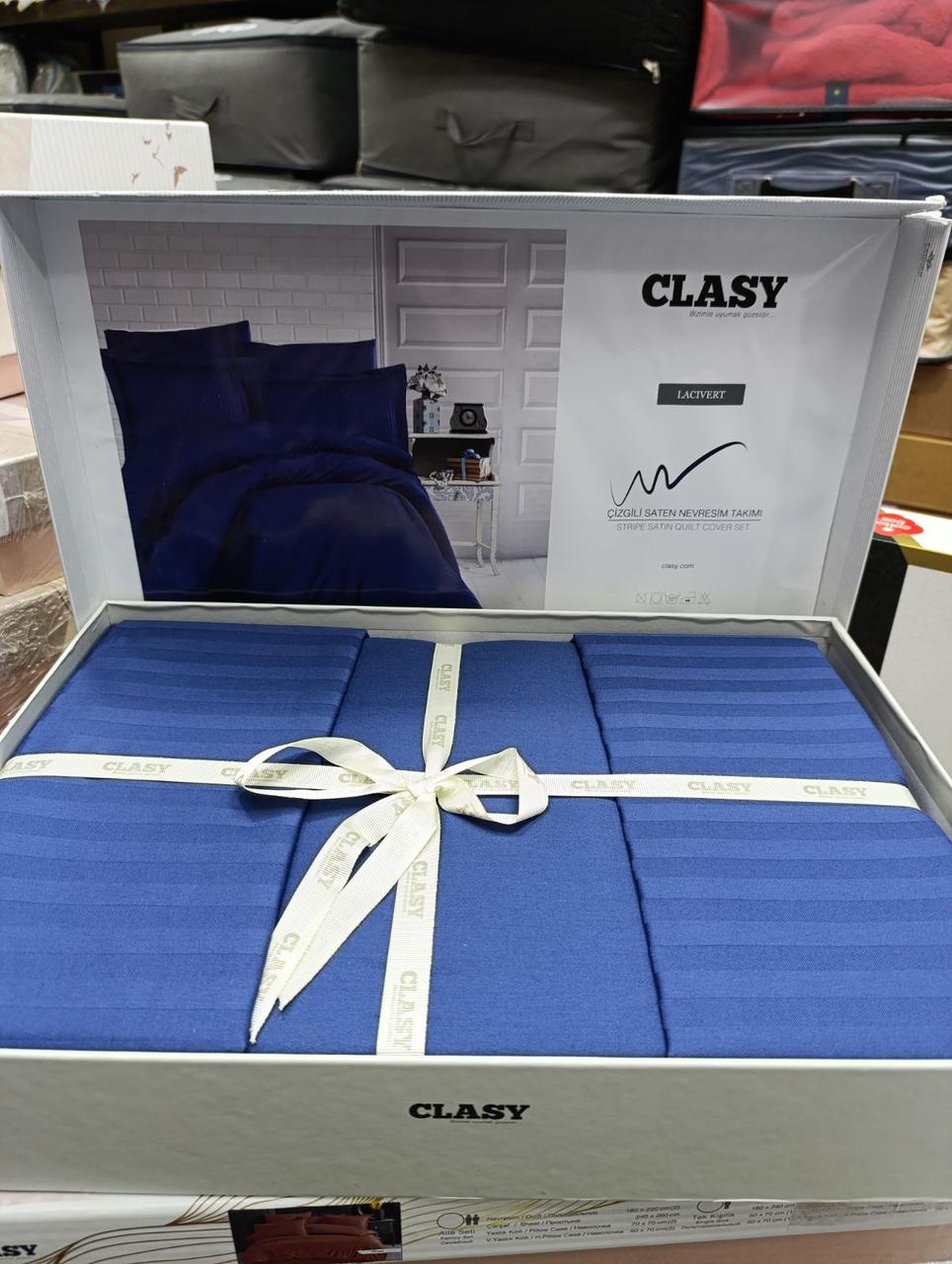 Набір постільної білизни сатин страйп 200 на 220 см Clasy синій, фото 1