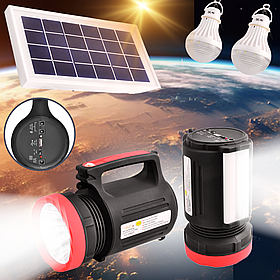 Яскравий ручний переносний ліхтар Lux з Power Bank та сонячною батареєю двома лампами та комплект зарядних кабелів