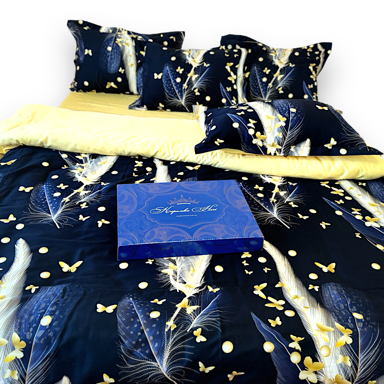 Наволочка на блискавці 70х70 (Сатин Premium) | Від виробника "Королева Ночі" | Пір'я на темному та жовтому, фото 1