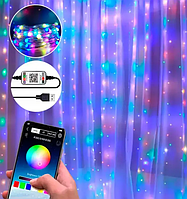 Розумна гірлянда штора USB управління через телефон-пульт APP Bluetooth RGB 200LED 3x2м від павербанка