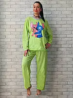 Женская пижама оптом на байке батал кофта с длинным рукавом и штаны зеленая накат СТИЧ р.52 56 60 64