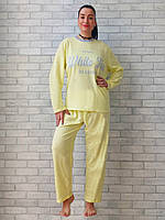 Пижама оптом женская на байке батал кофта с длинным рукавом и штаны желтый зеленый накат р.52 56 60 64