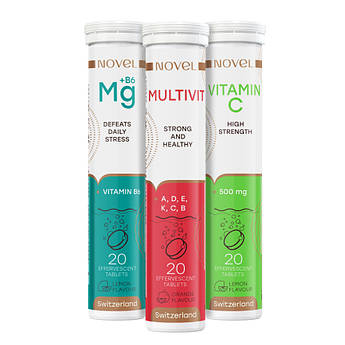 Набір вітамінів NOVEL, Мультивітамінний комплекс, магній №20 + мультивітаміни №20 + Vitamin C №20, знижка 40%