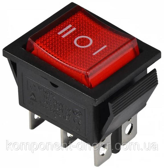 Перемикач широкий з підсвіткою ON-OFF-ON 6-сі контактний, 15A, 220 V, червоний