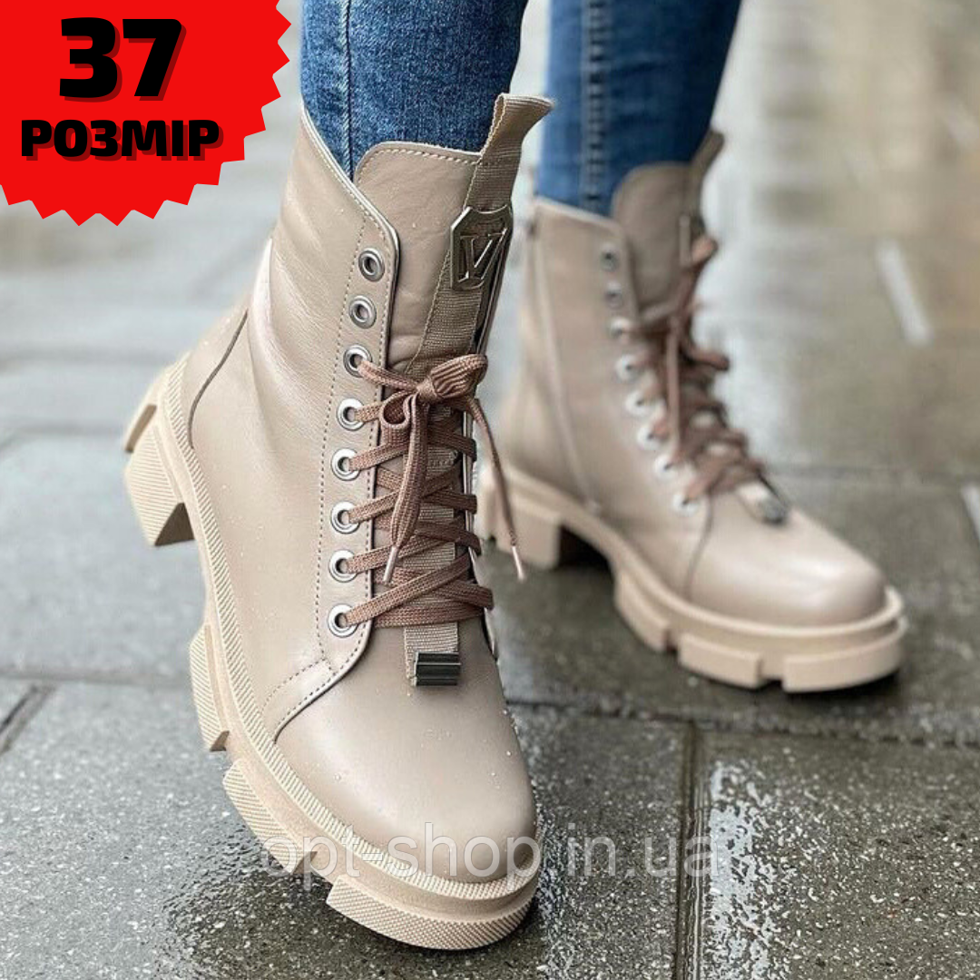 Черевики-берці бежеві жіночі зимові чорні шкіряні на хутрі на шнурівці 37р,Черевики берці зимові жіночі, фото 1