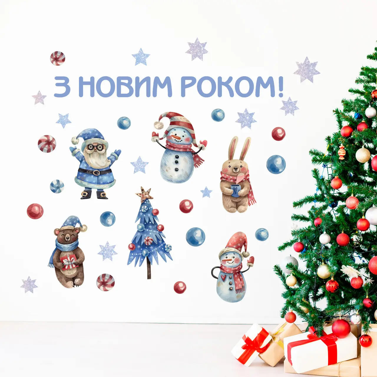 Вінілові новорічні наклейки Ялинка та Дід Мороз ведмідь сніговики заєць Набір М 1100х500мм матова