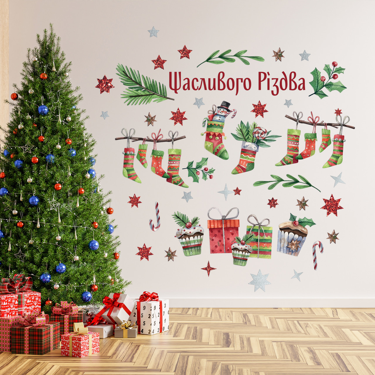Новорічний набір наклейок Святкові подарунки шкарпетки гірлянди символи Новий рік Набір М 1100х500мм матова, фото 1
