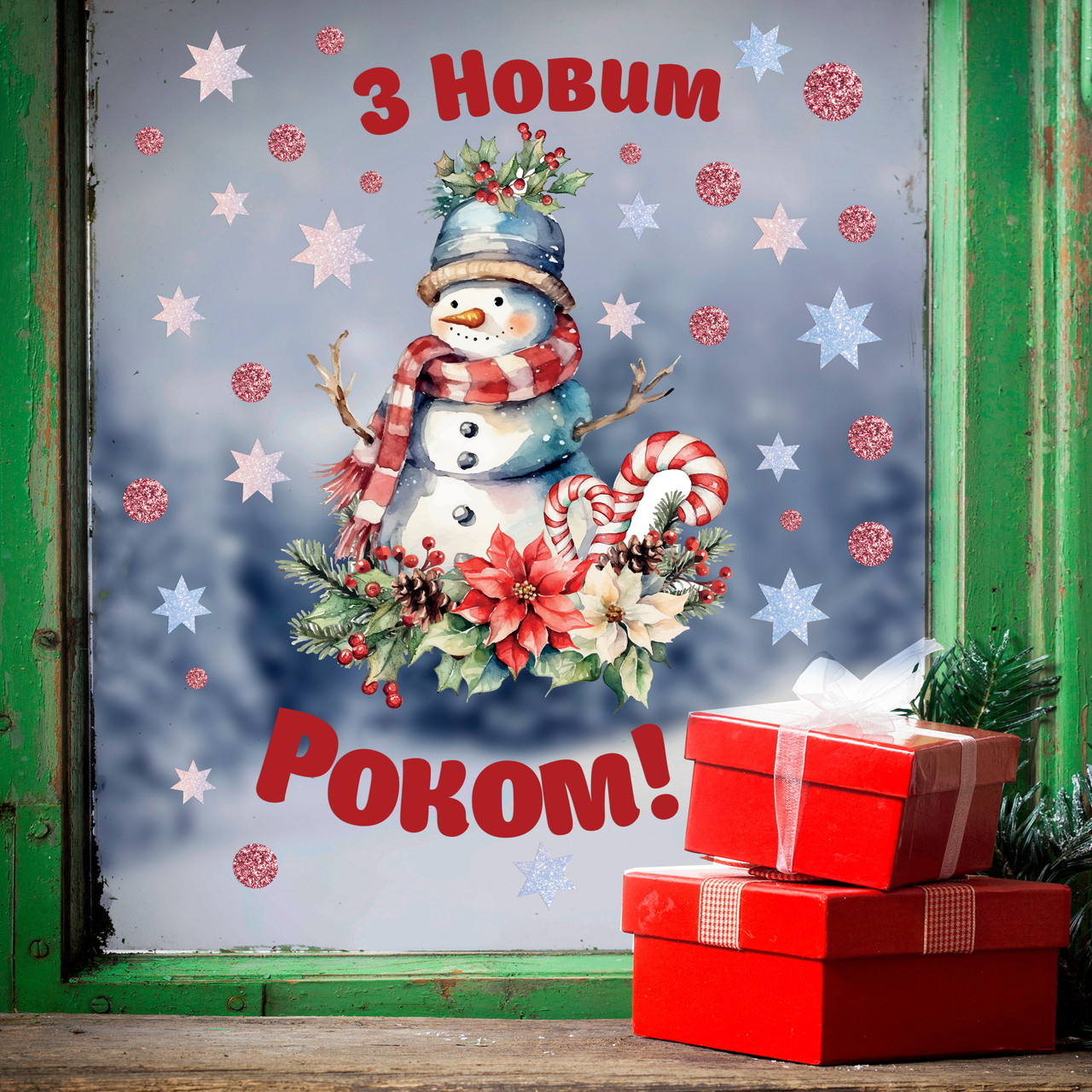 Набір новорічних наклейок Сніговик з новим роком Різдво сніжинки сніг Набір S 550х600мм матова, фото 1