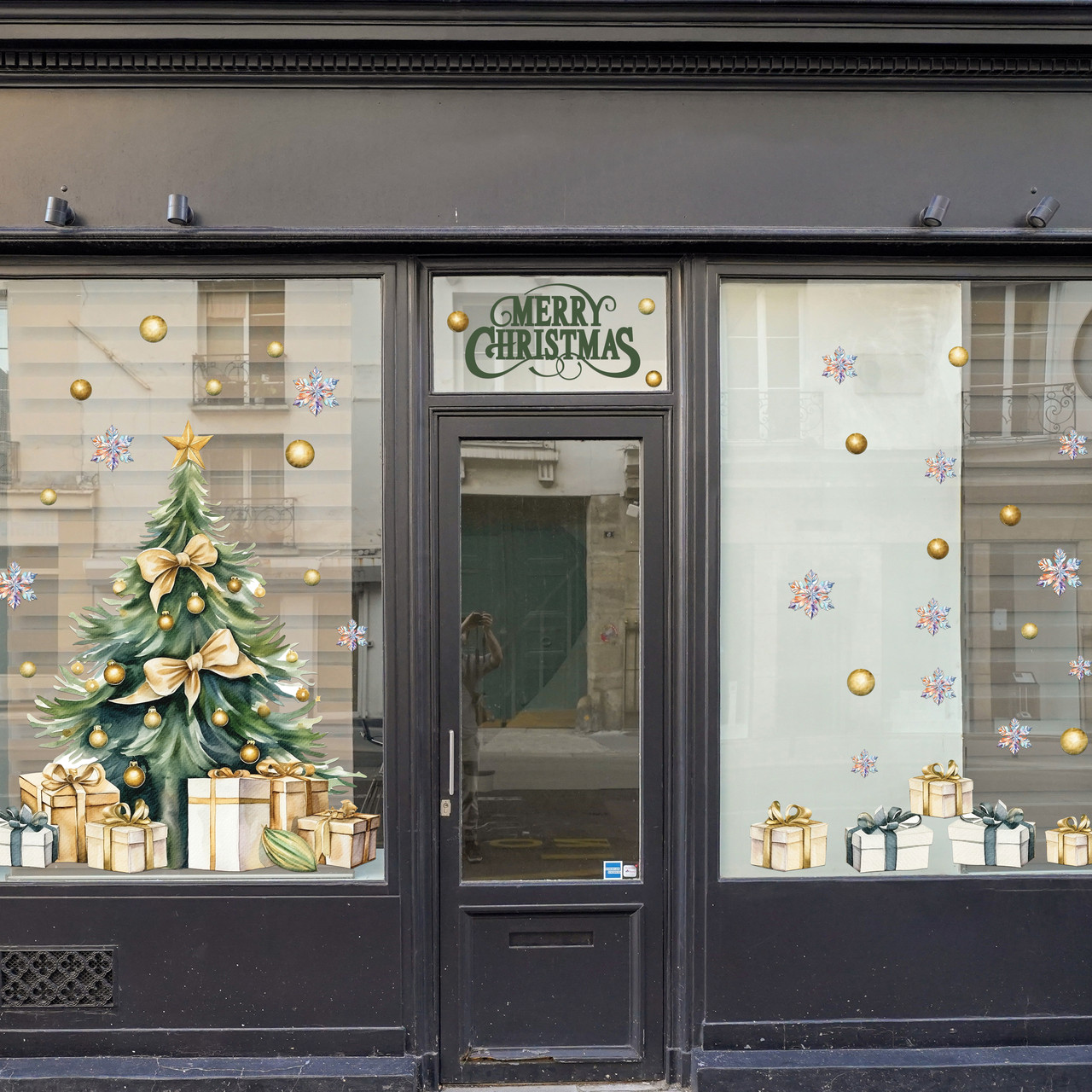 Новорічні наклейки вінілові Золота ялинка Подарунки Кульки Сніжинки Набір 1000х1000мм матова, фото 1