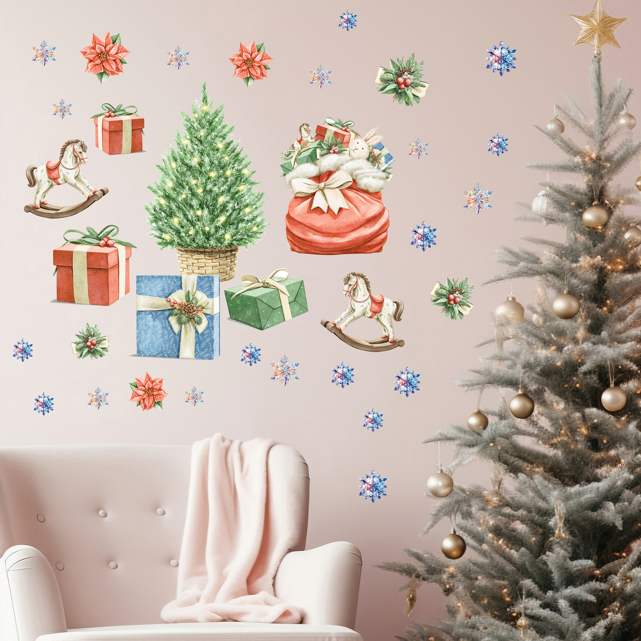 Новорічні наклейки на стіни Святкові ялинки Мішок з подарунками іграшки Набір М 1000х500мм матова, фото 1