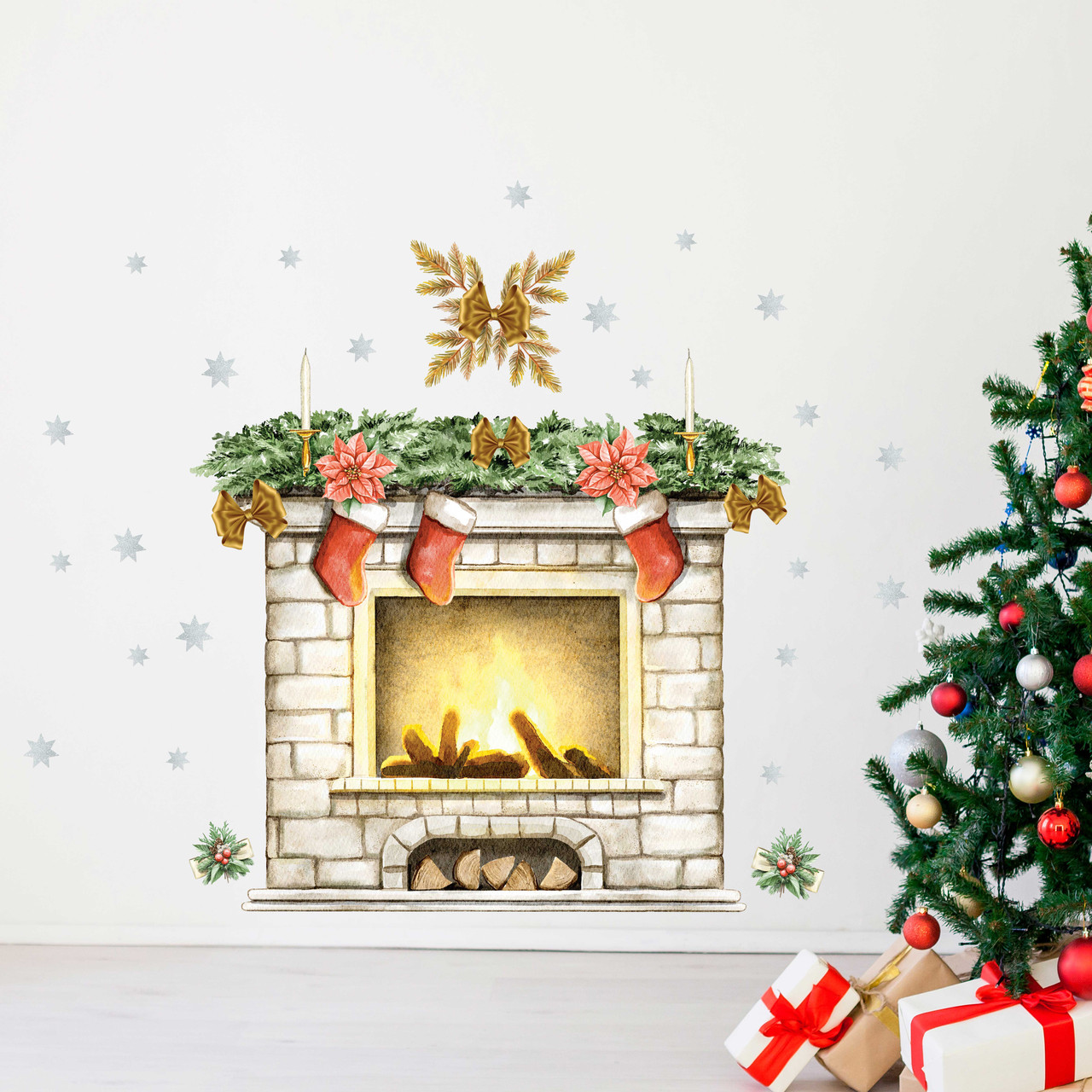 Новорічні наклейки для вікон Святковий камін вогнище прикраси зірки Набір 1100х1000мм матова, фото 1