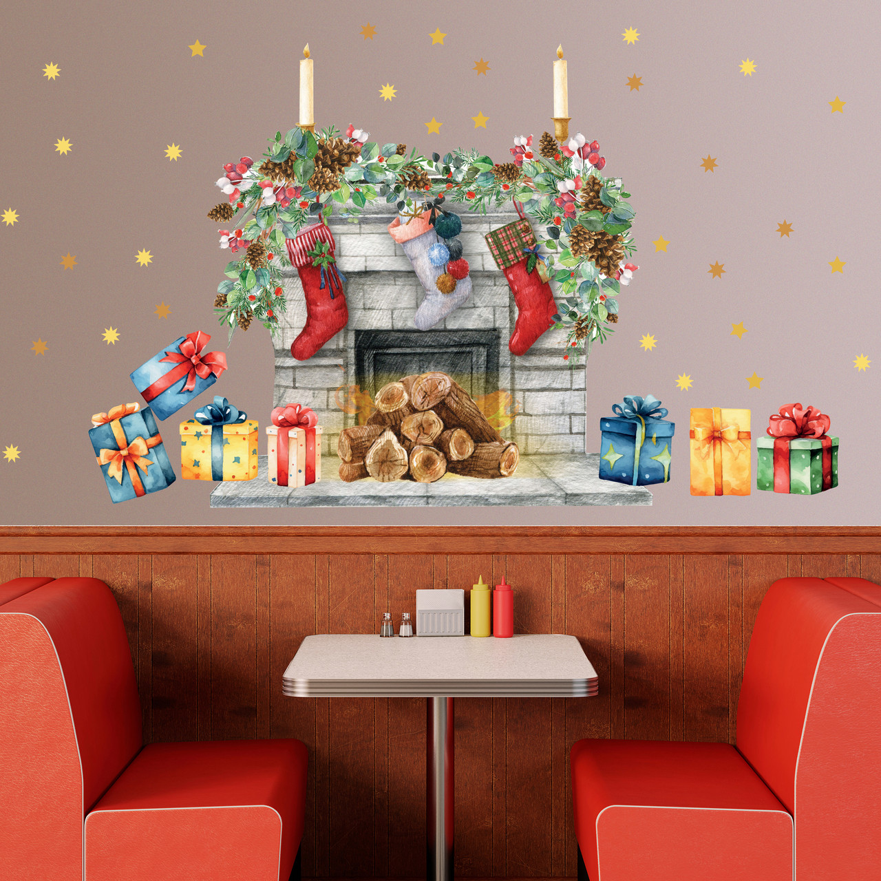 Набір новорічного декору Наклейки Святковий камін Шкарпетки Подарунки Набір 1100х1000мм матова, фото 1