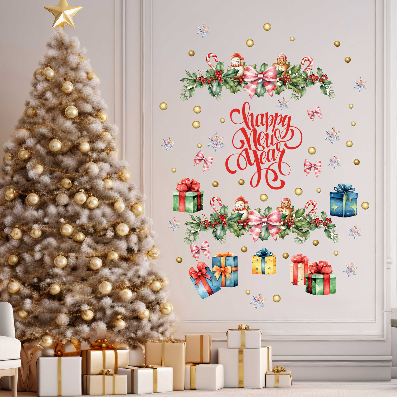 Новорічні наклейки вінілові Різдвяна гірлянда Подарунки кульки сніжинки Набір L 1100х1000мм матова, фото 1